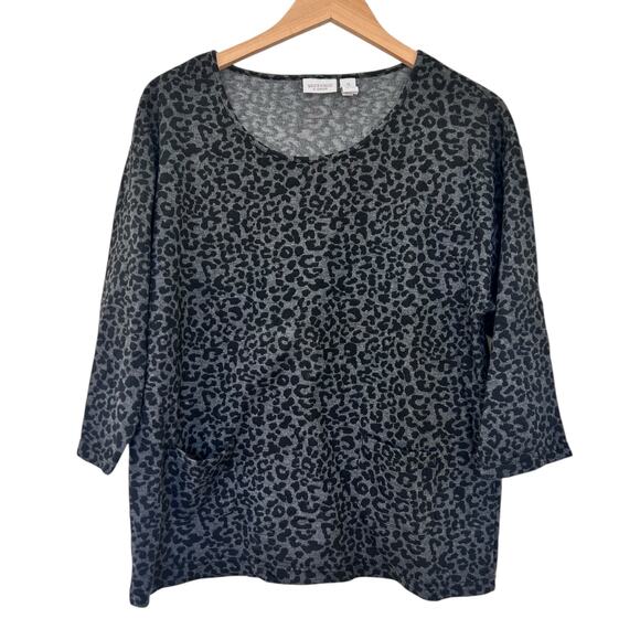 Weekends by Chicos Gray Black Leopard Print 3/4 Sleeve Shirt Sz L - Picture 1 of 3